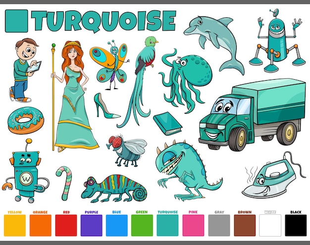 Set con personajes de dibujos animados y objetos en turquesa