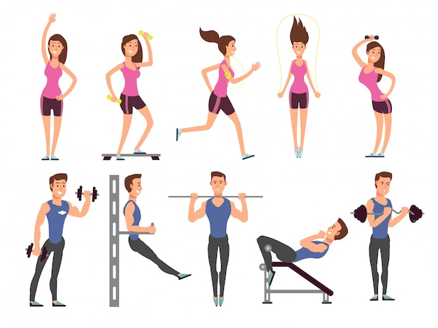 Set de personajes de dibujos animados vector de personas de fitness Mujeres y hombres deportistas hacen ejercicios con equipo deportivo.