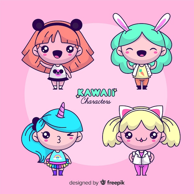 Set de personajes en estilo kawaii