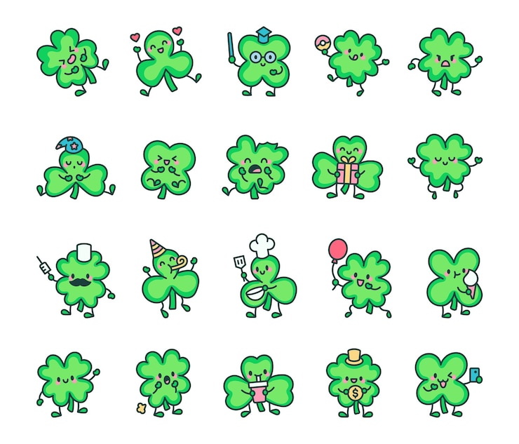 Vector set de personajes de plantas de trébol adorable