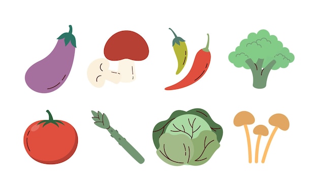 Set plano de alimentos saludables dibujados a mano Ilustración de verduras Vector aislado en fondo blanco