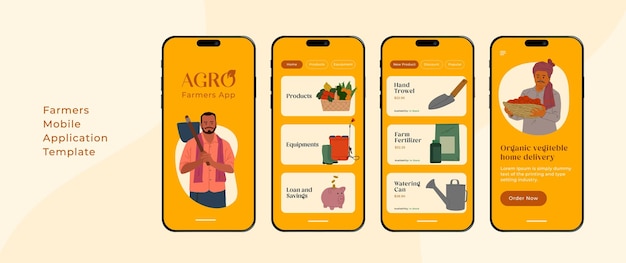 Set de plantillas de aplicaciones móviles para agricultores Tecnología de innovación en la agricultura Equipamiento agrícola