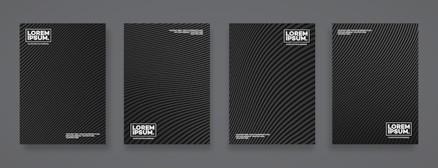 Set de plantillas de diseño de portadas con líneas de color negro moderno con gradiente estilo minimalista para decoración de carteles, presentaciones, volantes, folletos, catálogos, libros, revistas, etc. Ilustración vectorial