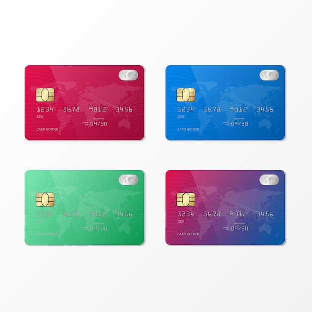 Set de plantillas multicolores de tarjetas de crédito Conjunto de maquetas de ilustración vectorial de tarjeta de débito o crédito