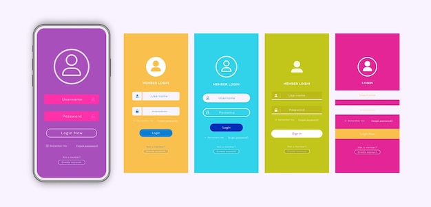 Set de plantillas de páginas de formulario de inicio de sesión con fondo de color plano de moda para el desarrollo de aplicaciones, maquetas de teléfonos inteligentes, sitios web, elementos de usuario, registro en línea, perfil de usuario, acceso a la cuenta, vector.