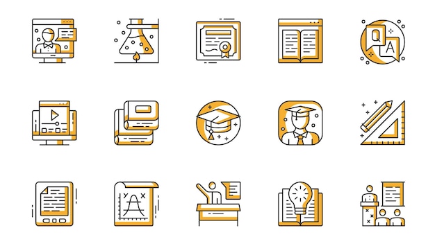 Set de plantillas de pantallas de interfaz de aplicaciones móviles de educación Lista de lecciones de cursos de cuenta en línea Estadística de progreso de la plataforma universitaria Paquete de UI UX GUI kit para diseño web de aplicaciones Diseño vectorial