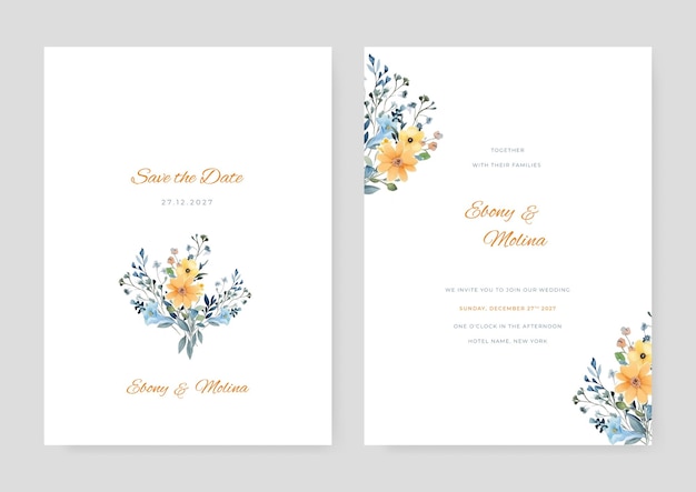 Set de plantillas de tarjetas de invitación de bodas vectoriales con decoración floral y de brillo dorado en acuarela