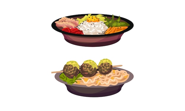Set de platos de comida asiática Ilustración vectorial de platos nacionales tradicionales