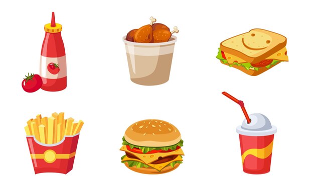 Set de platos de comida rápida botella de ketchup bastón de tambor sándwich patatas fritas hamburguesa soda bebida Ilustración vectorial