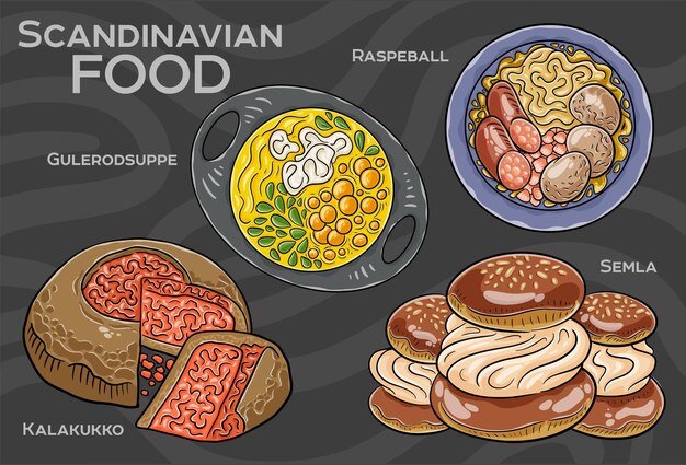 Set de platos escandinavos populares Ilustración vectorial dibujada a mano