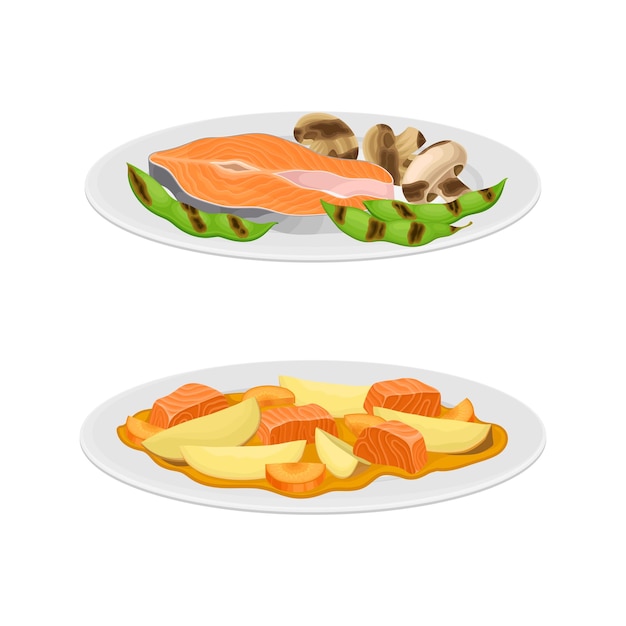 Set de platos de mariscos sabrosos Pescos de salmón servidos en platos con setas de verduras y patatas Ilustración vectorial