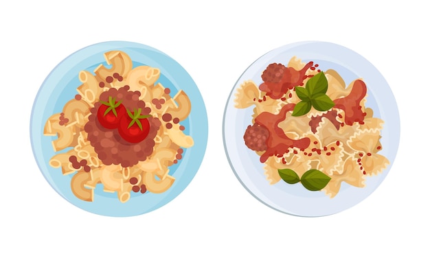 Set de platos de pasta cocidos Vista superior de la pasta con frijoles y albóndigas servidas en platos Ilustración vectorial