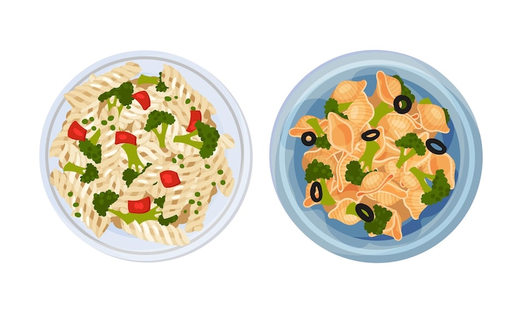 Vector set de platos de pasta cocidos vista superior de la pasta con verduras servidas en platos ilustración vectorial