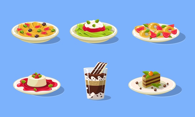 Set de platos sabrosos Comida deliciosa Espagueti Souffle pastel batido Ilustración vectorial en estilo plano