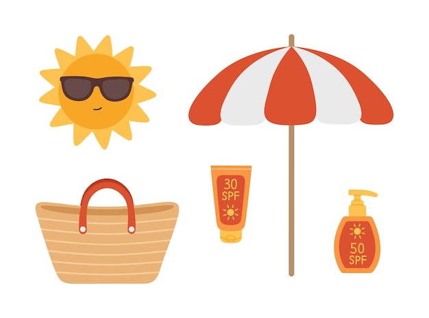 Set de playa con bolsa de paraguas y protector solar Colección de bronceado de verano
