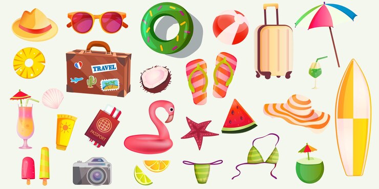 Vector set de playa de verano colorido atributos de recreación del mar y el océano aislados en fondo blanco gafas de sol zapatillas de pelota de goma y tabla de surf colección de iconos de vacaciones de verano ilustración vectorial