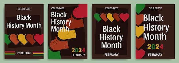 Vector set de póster del mes de la historia negra de 2024 con corazones y saludos de texto sobre un fondo negro