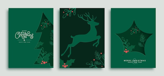 Set de póster vectorial de tarjetas verdes de Navidad Feliz Navidad y feliz año nuevo texto de salud con pino