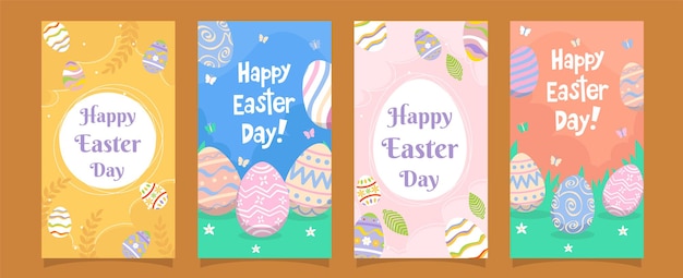 Set de pósteres de Pascua feliz con huevos pintados de mariposa divertida y diseño tipográfico de primavera festivo
