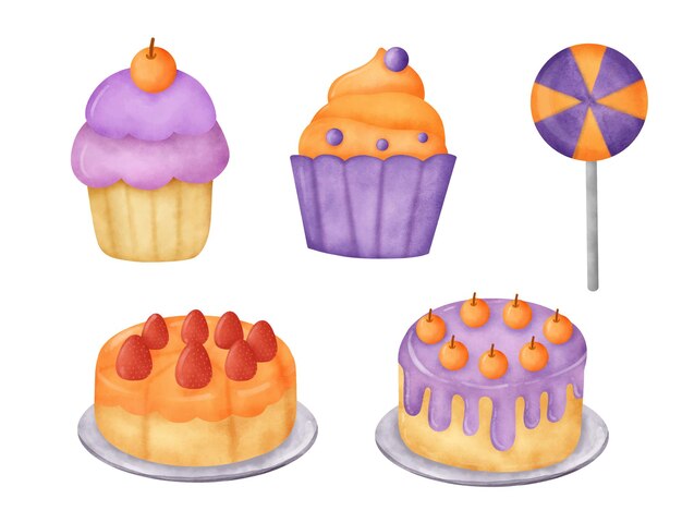 Set de postres dibujados a mano en acuarela