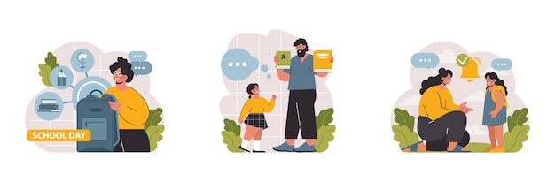 Set de preparación para la escuela niños de la escuela con padres se preparan para estudiar personajes comprando ropa nueva