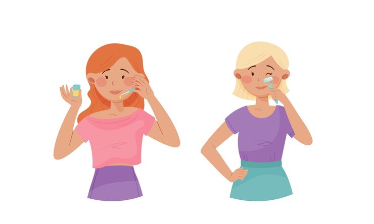 Vector set de procedimientos de tratamiento facial mujer joven y hermosa haciendo masaje con rodillo facial de jade y aplicando suero ilustración vectorial de dibujos animados