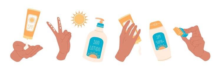 Vector set de protección solar sobre fondo blanco productos spf en la colección de manos botellas de protectores solares