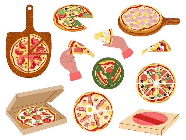 Set de rebanadas de pizza comida rápida y servicio de entrega de pizza cocina italiana delicioso almuerzo o cena fresca llevarse la gente de la cafetería comiendo clipart vectorial decente