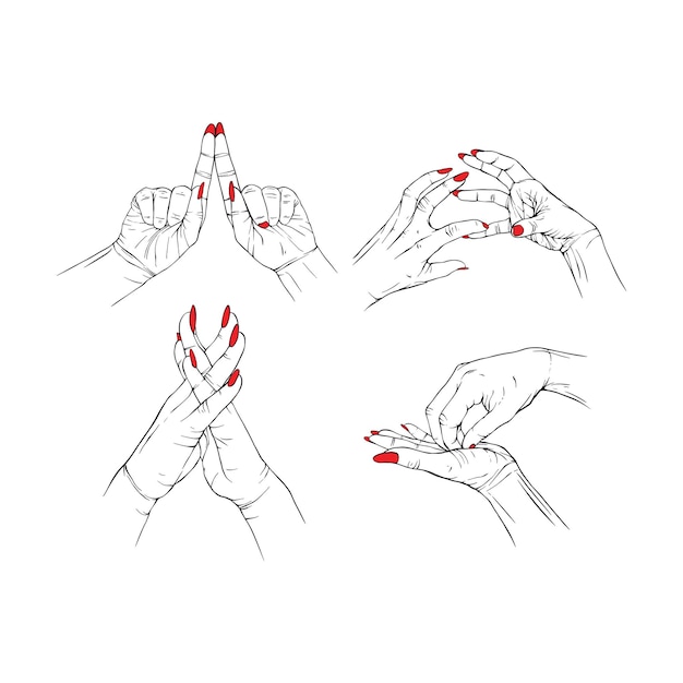 Set red neils dos mano colección dibujado gesto dibujo vector ilustración línea arte