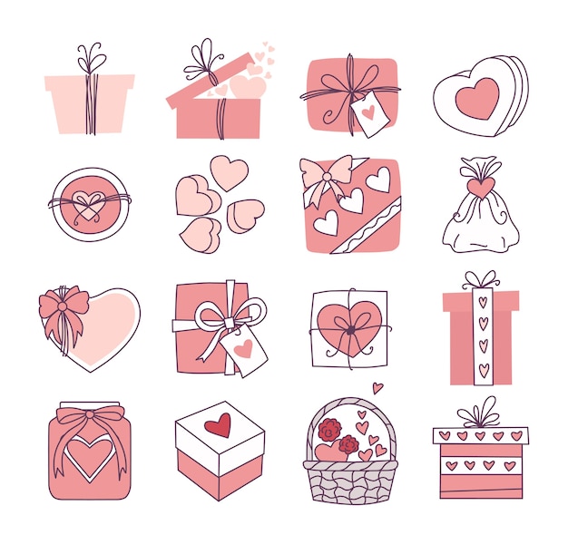 Vector un set de regalos para san valentín y boda. registro de invitaciones y tarjetas de felicitación.