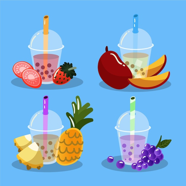 Vector set de sabores de té de burbujas dibujados a mano