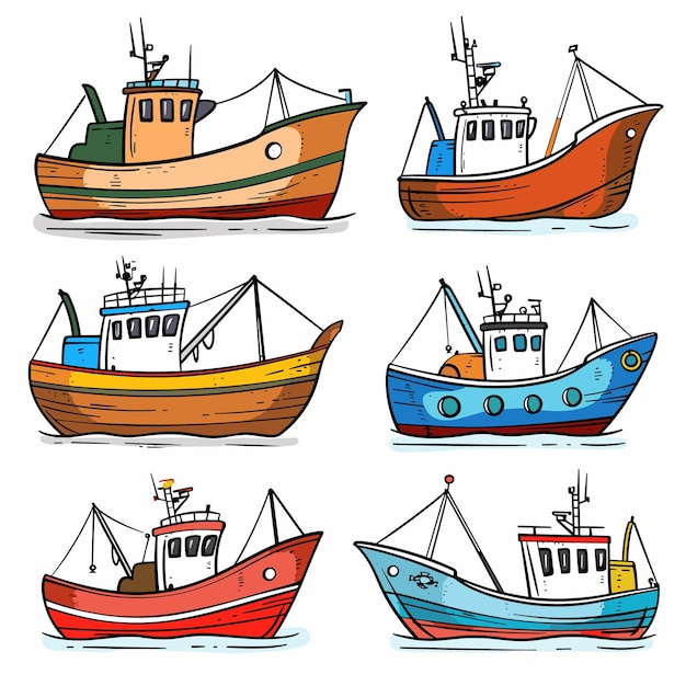 Set de seis coloridos barcos de pesca de dibujos animados dibujados a mano ilustración vectorial aislado blanco diferente