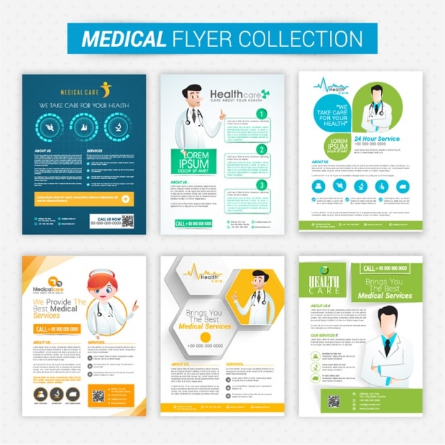 Vector set de seis folletos de atención médica