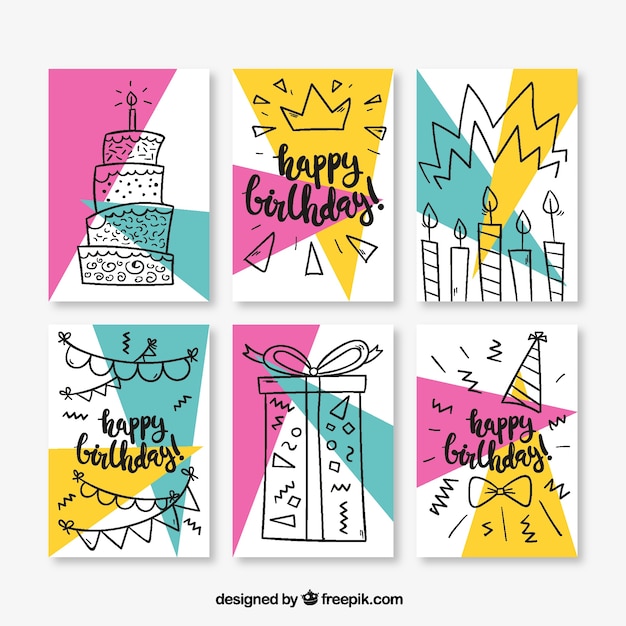 Set de seis tarjetas de cumpleaños en estilo memphis