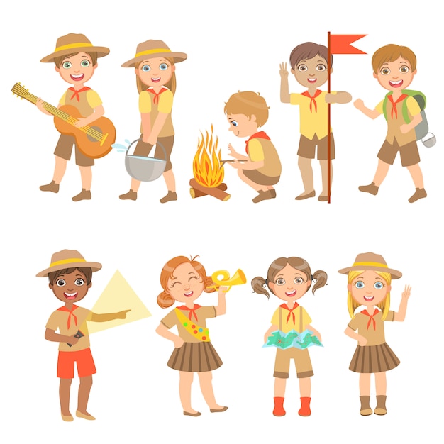 Vector set de senderismo para niños scouts