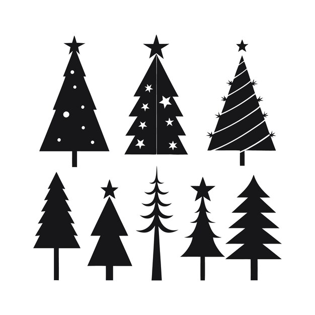 Set de silueta de árbol de Navidad festivo de vacaciones en blanco y negro e ilustración vectorial de diseño navideño