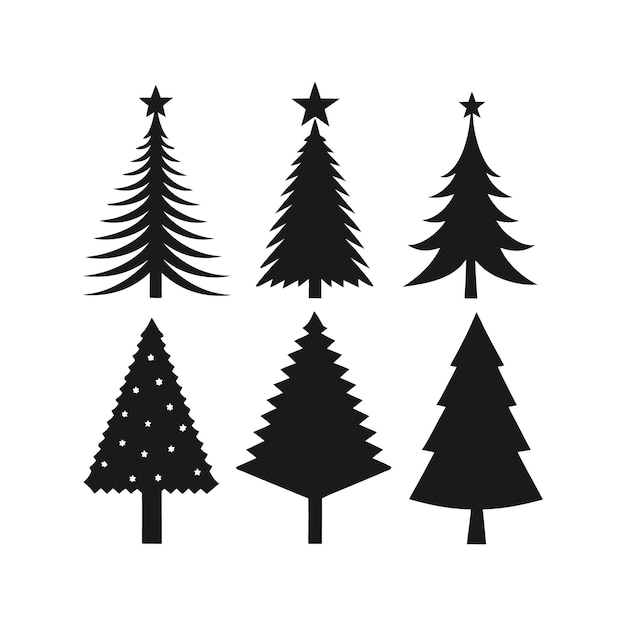 Set de silueta de árbol de Navidad festivo de vacaciones en blanco y negro e ilustración vectorial de diseño navideño