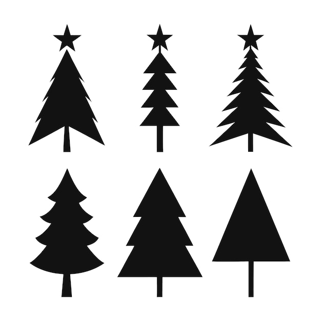 Set de silueta de árbol de Navidad festivo de vacaciones en blanco y negro e ilustración vectorial de diseño navideño