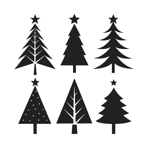 Set de silueta de árbol de Navidad festivo de vacaciones en blanco y negro e ilustración vectorial de diseño navideño