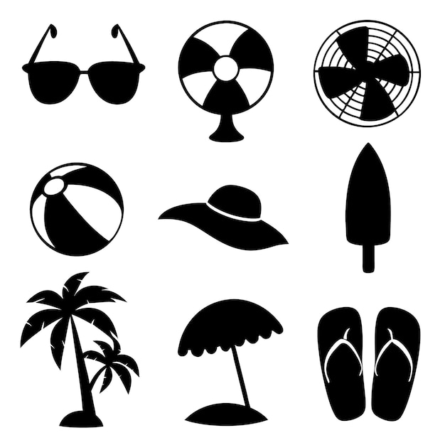 Set de silueta de verano con elementos de dibujos animados de estilo plano
