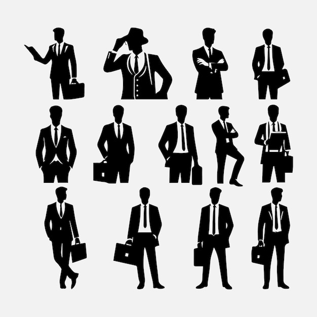 Set de siluetas de hombres de negocios siluetas vectoriales de hombres un grupo de negocios de pie y caminando