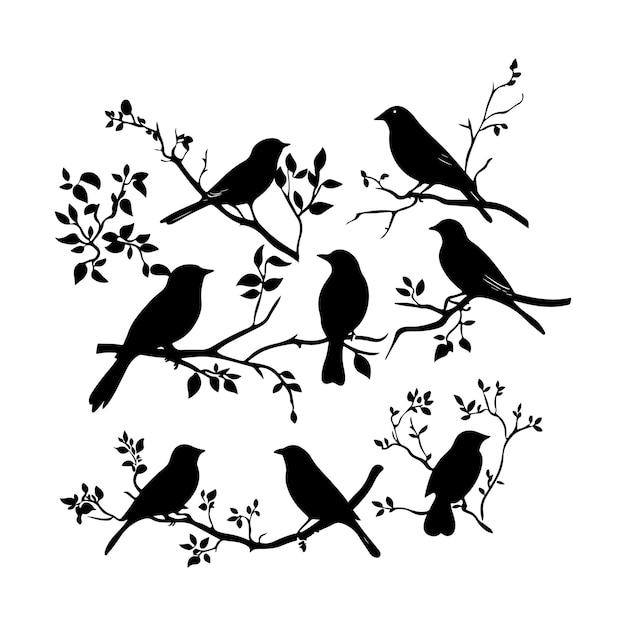 Set de siluetas de pájaros en una rama de árbol