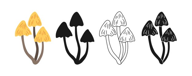 Set de símbolos dibujados a mano de hongos de bosque de hongos fantasía salvaje dibujo vectorial Ilustración diseño aislado
