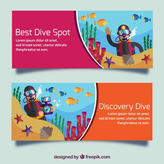 Vector set de simpáticos banners de buceo