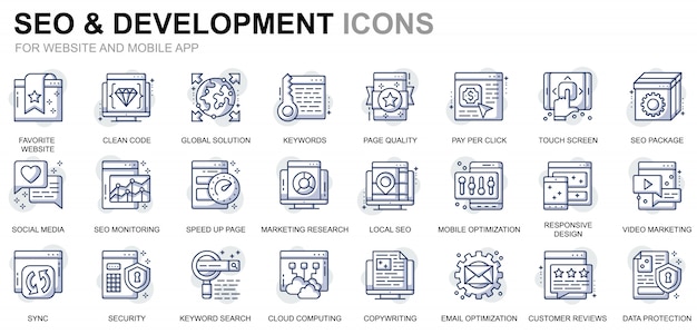 Set Simple Seo e iconos de línea de desarrollo para sitios web y aplicaciones móviles