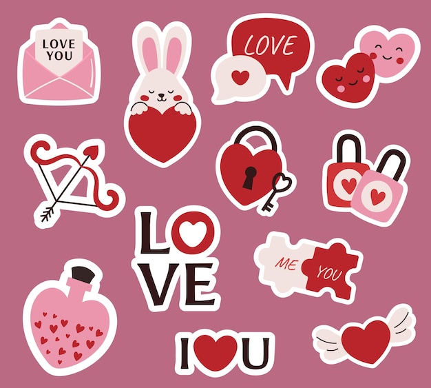 Set de stickers de amor con diferentes elementos para San Valentín