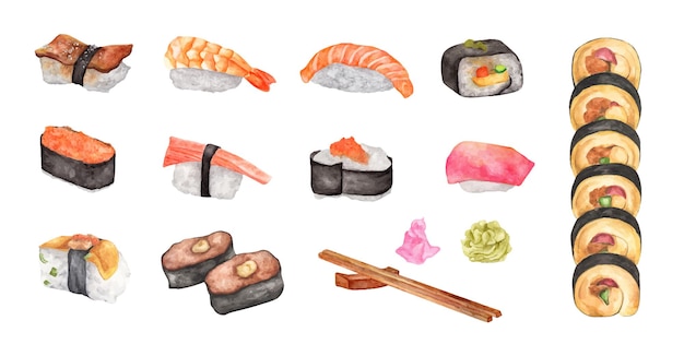 Set de sushi de acuarela. Ilustración de alimentos.