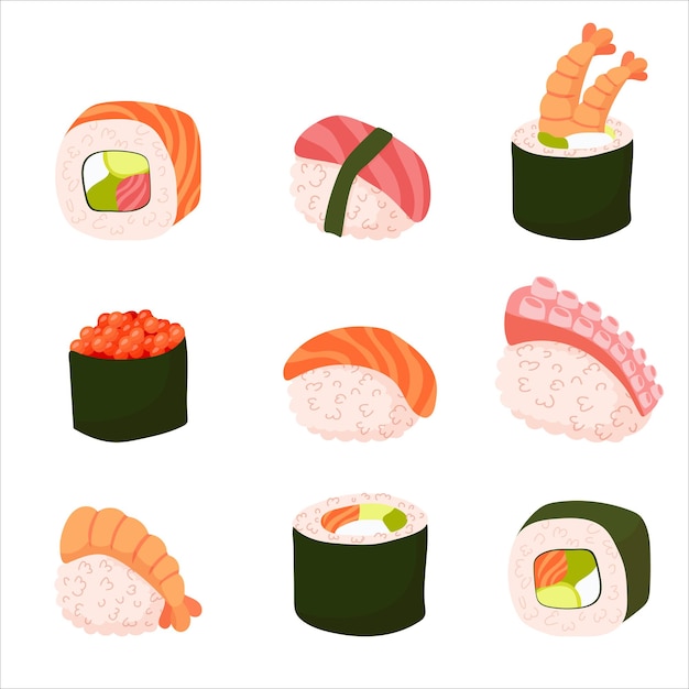 Set para sushi diferentes tipos de sushi y rollos rollo japonés tradicional con caviar tobiko original con queso filadelfia y salsa de soja salmón y langostinos ilustración vectorial