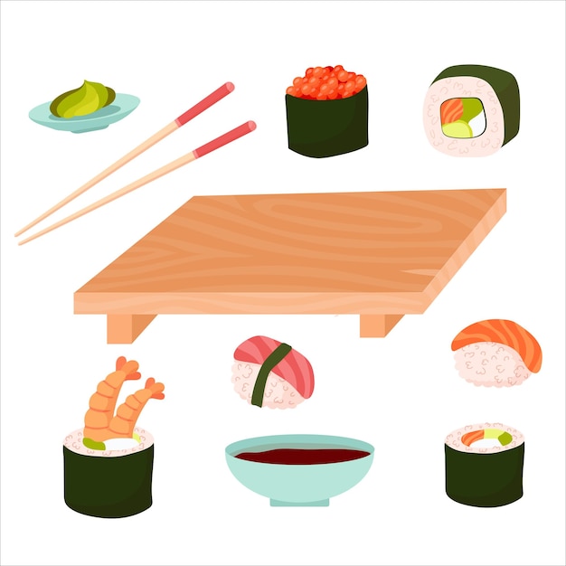 Set para sushi Diferentes tipos de sushi y rollos Rollo japonés tradicional con caviar tobiko original con queso Filadelfia y salsa de soja salmón y langostinos Ilustración vectorial