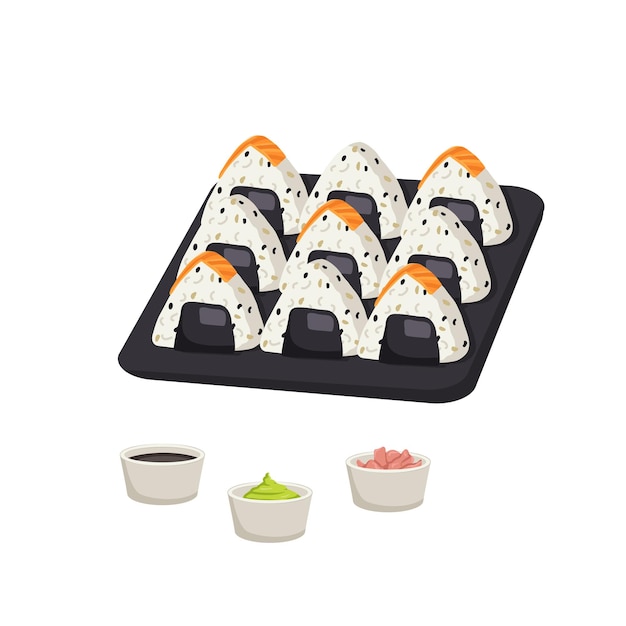 Set con sushi japonés y onigiri con pescado salmón deliciosa comida tradicional oriental en bandeja negra con palillos wasabi de jengibre y salsa de soja ilustración de comida plana vectorial